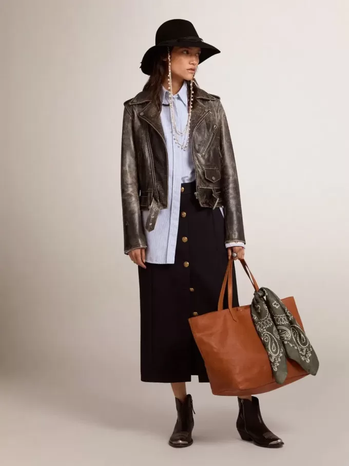 Falda lápiz de mujer en lana azul oscuro con botones heráldicos dorados