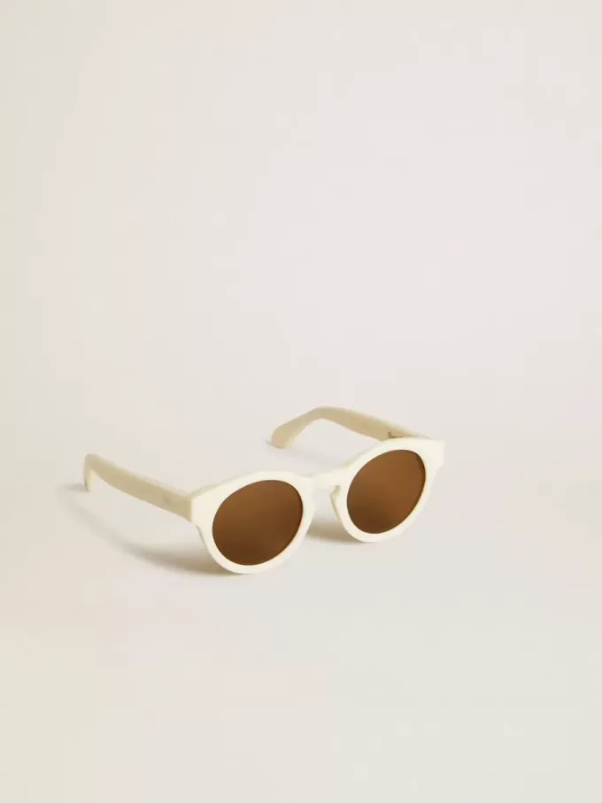 Gafas de sol Panthos de estilo cuadrado con montura beige y detalles dorados