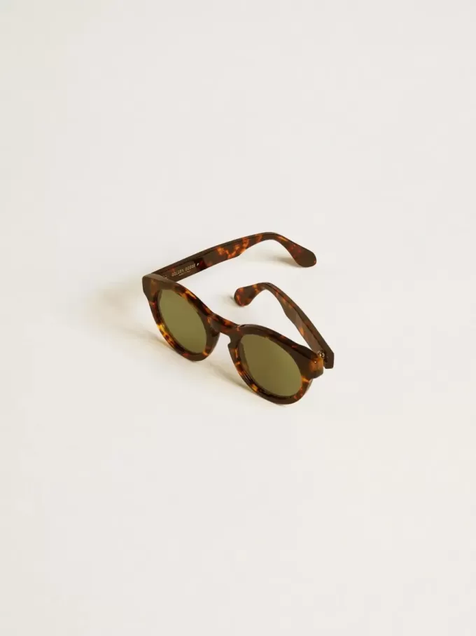 Gafas de sol Panthos de estilo cuadrado con montura marrón habana y lentes verdes
