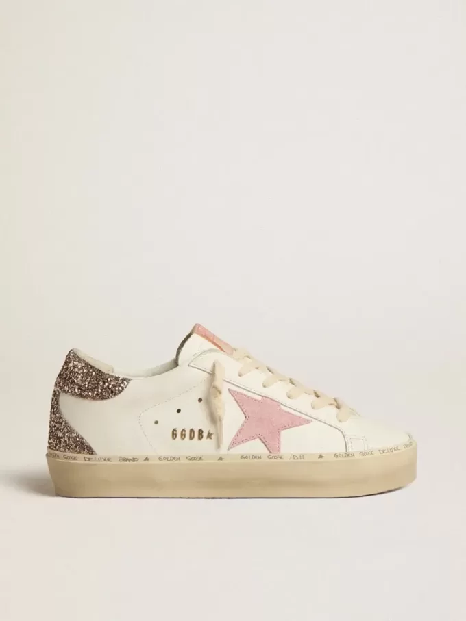 Hi Star en piel blanca con estrella de ante rosa y lengüeta del talón con purpurina rosa