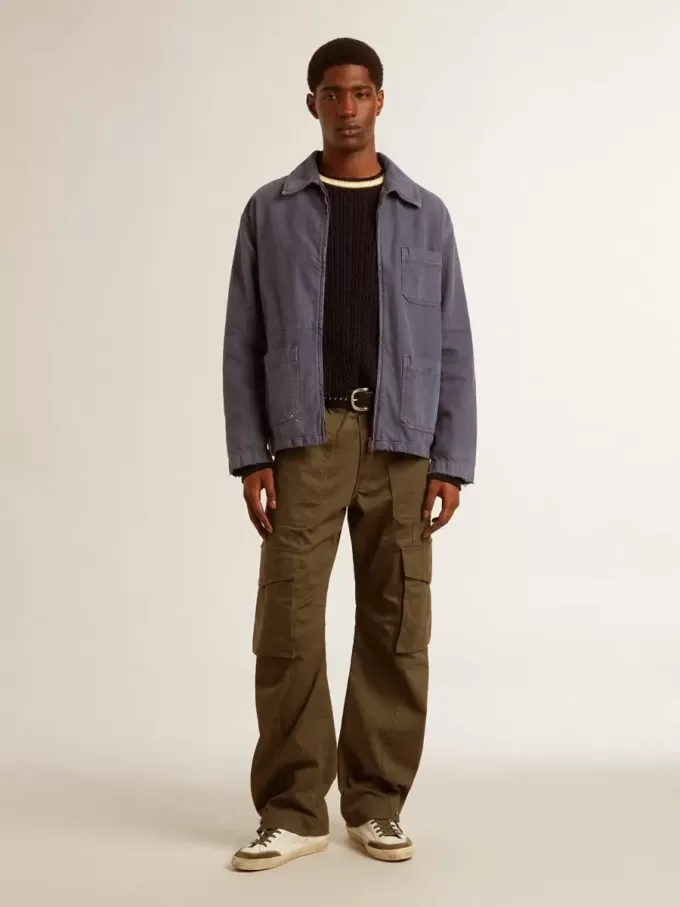 Jersey azul de cuello redondo para hombre con ribetes en contraste