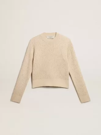 Jersey corto de cuello redondo en lana beige con cristales por toda la superficie