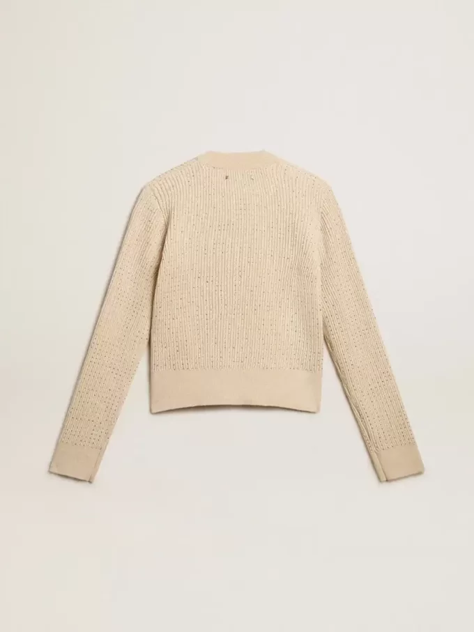 Jersey corto de cuello redondo en lana beige con cristales por toda la superficie