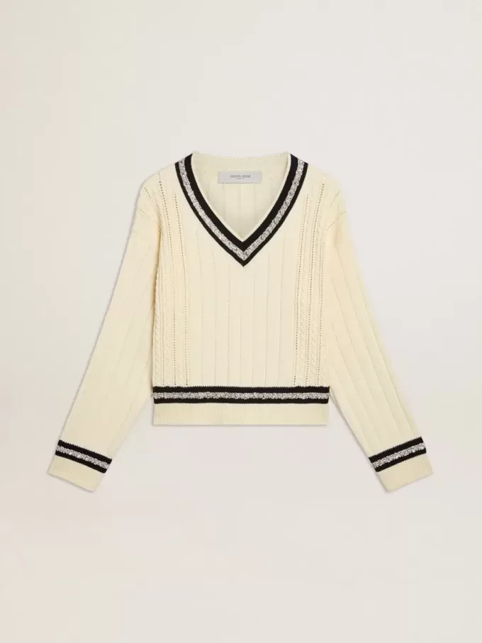 Jersey corto de mujer con diseño de trenzado, ribetes azules y cristales