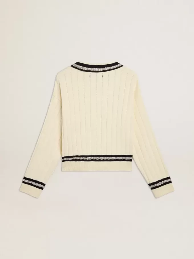 Jersey corto de mujer con diseño de trenzado, ribetes azules y cristales