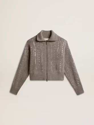 Jersey corto de mujer en lana gris jaspeada con lentejuelas