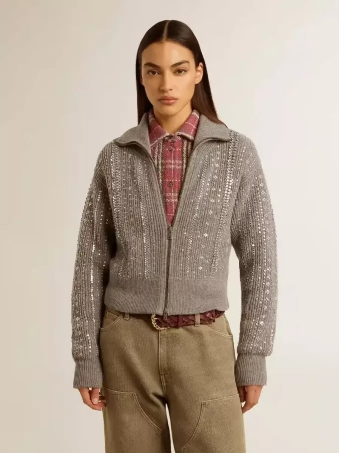 Jersey corto de mujer en lana gris jaspeada con lentejuelas