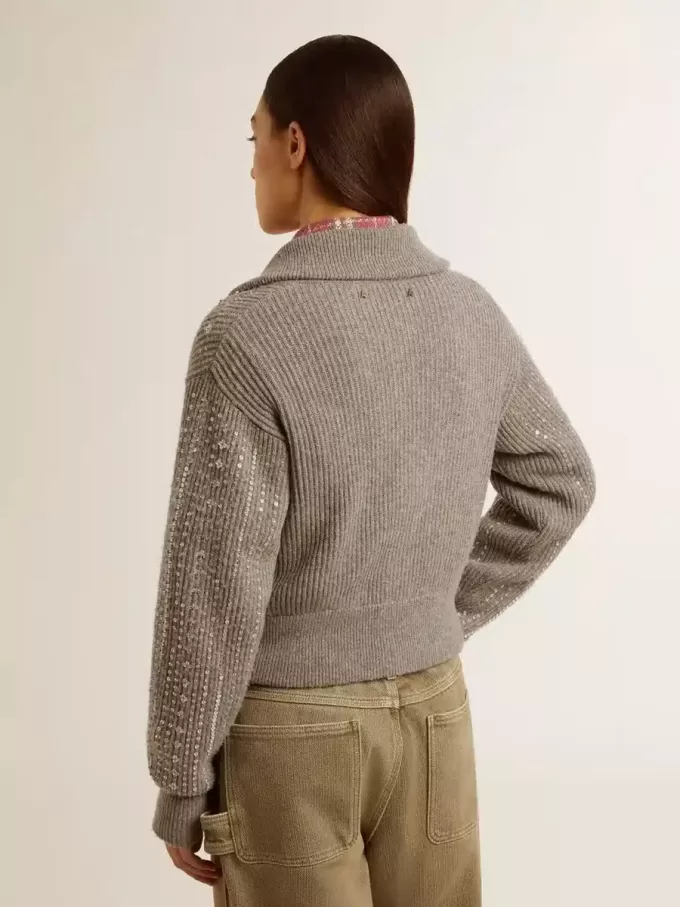 Jersey corto de mujer en lana gris jaspeada con lentejuelas