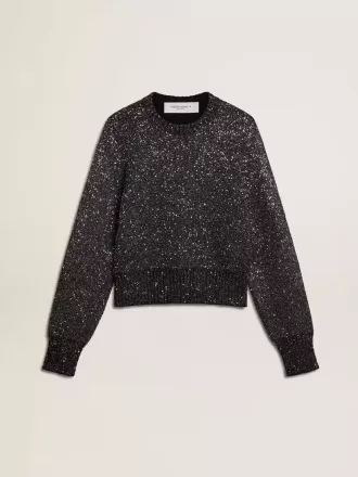 Jersey corto de mujer en mezcla de lana negra con lentejuelas por toda la prenda