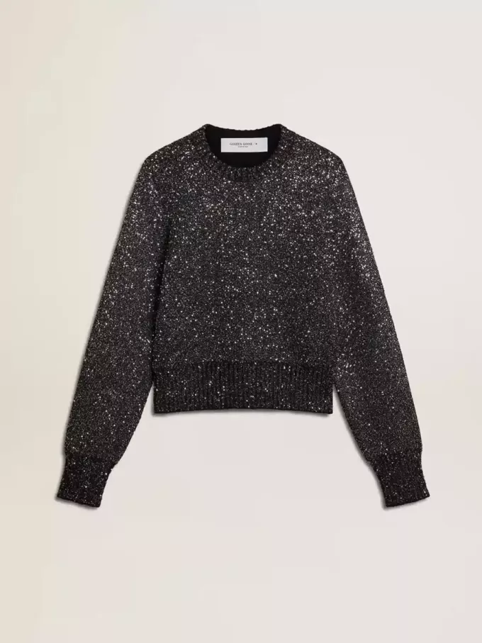 Jersey corto de mujer en mezcla de lana negra con lentejuelas por toda la prenda Jersey corto de mujer en mezcla de lana negra con lentejuelas por toda la prenda