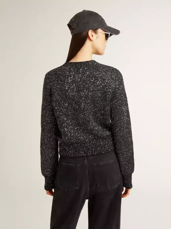 Jersey corto de mujer en mezcla de lana negra con lentejuelas por toda la prenda Jersey corto de mujer en mezcla de lana negra con lentejuelas por toda la prenda