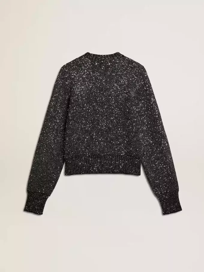 Jersey corto de mujer en mezcla de lana negra con lentejuelas por toda la prenda Jersey corto de mujer en mezcla de lana negra con lentejuelas por toda la prenda