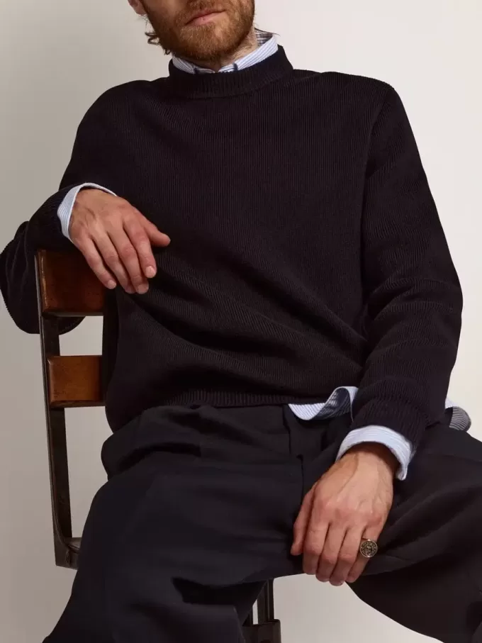 Jersey de cuello redondo para hombre en algodón azul oscuro con logotipo