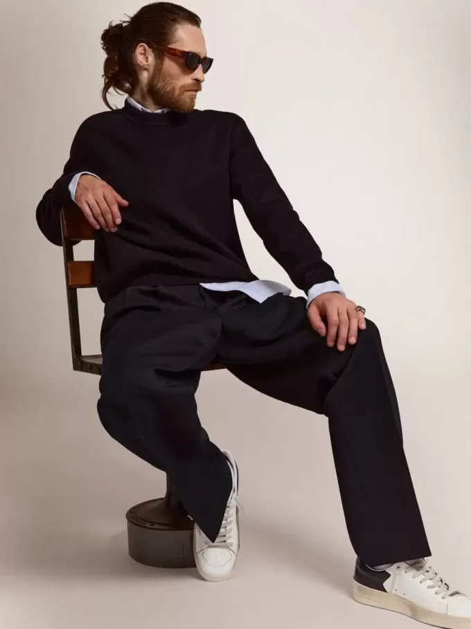 Jersey de cuello redondo para hombre en algodón azul oscuro con logotipo