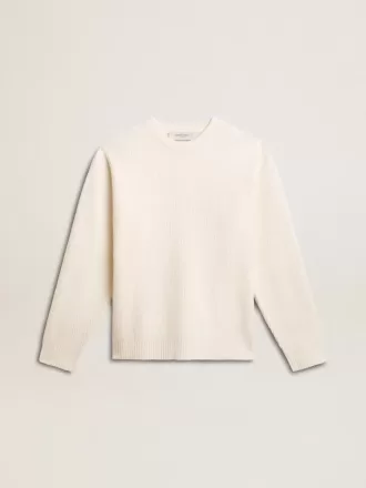 Jersey de cuello redondo para hombre en lana acanalada de color blanco desgastado