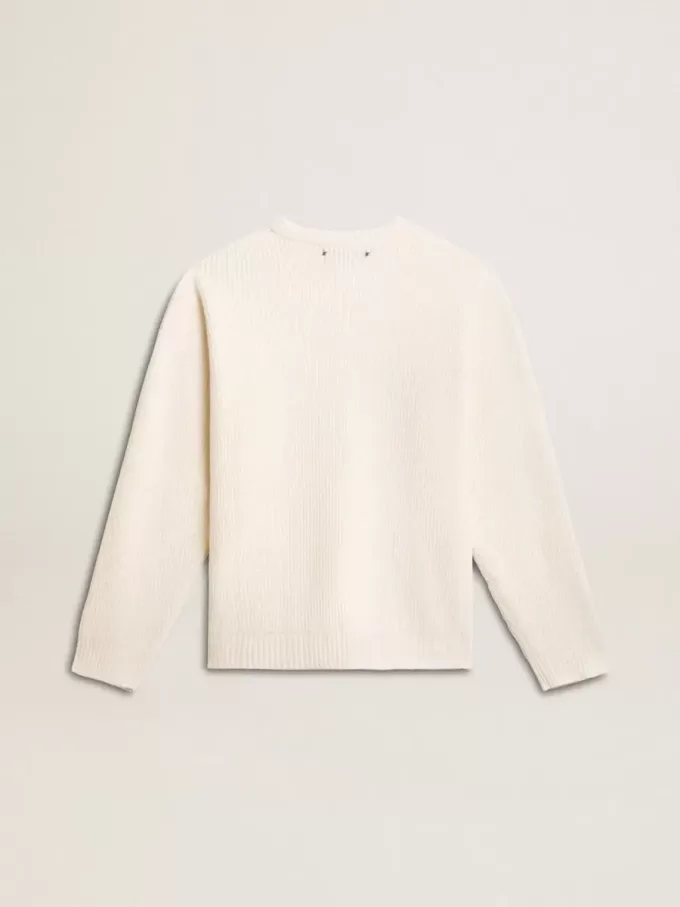 Jersey de cuello redondo para hombre en lana acanalada de color blanco desgastado