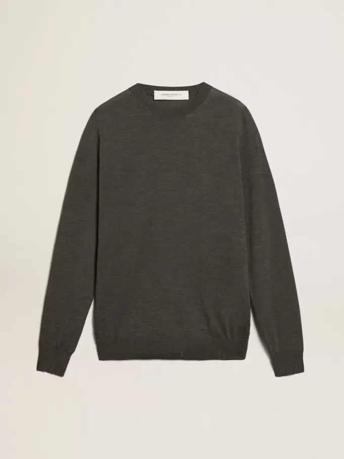 Jersey de cuello redondo para hombre en lana gris oscuro jaspeado