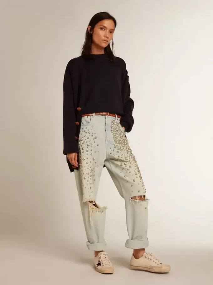 Jersey de cuello redondo para mujer en algodón azul oscuro