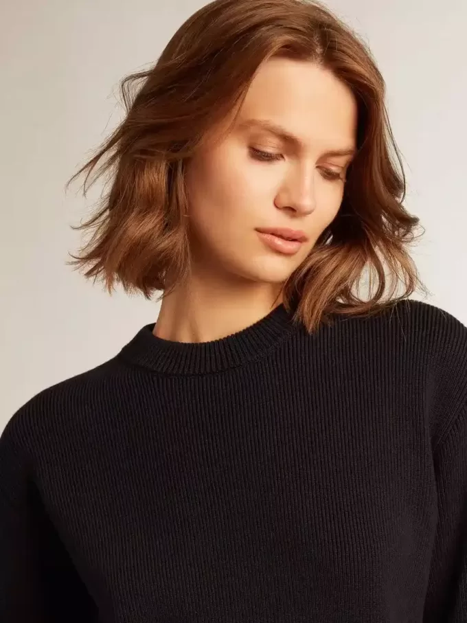 Jersey de cuello redondo para mujer en algodón azul oscuro con logotipo en la espalda