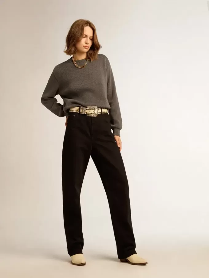 Jersey de cuello redondo para mujer en algodón gris oscuro con logotipo en la espalda