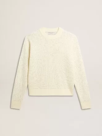 Jersey de cuello redondo para mujer en lana merino blanca con cristales por toda la prenda