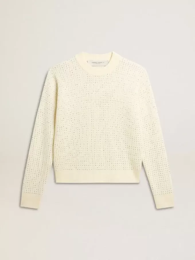 Jersey de cuello redondo para mujer en lana merino blanca con cristales por toda la prenda Jersey de cuello redondo para mujer en lana merino blanca con cristales por toda la prenda