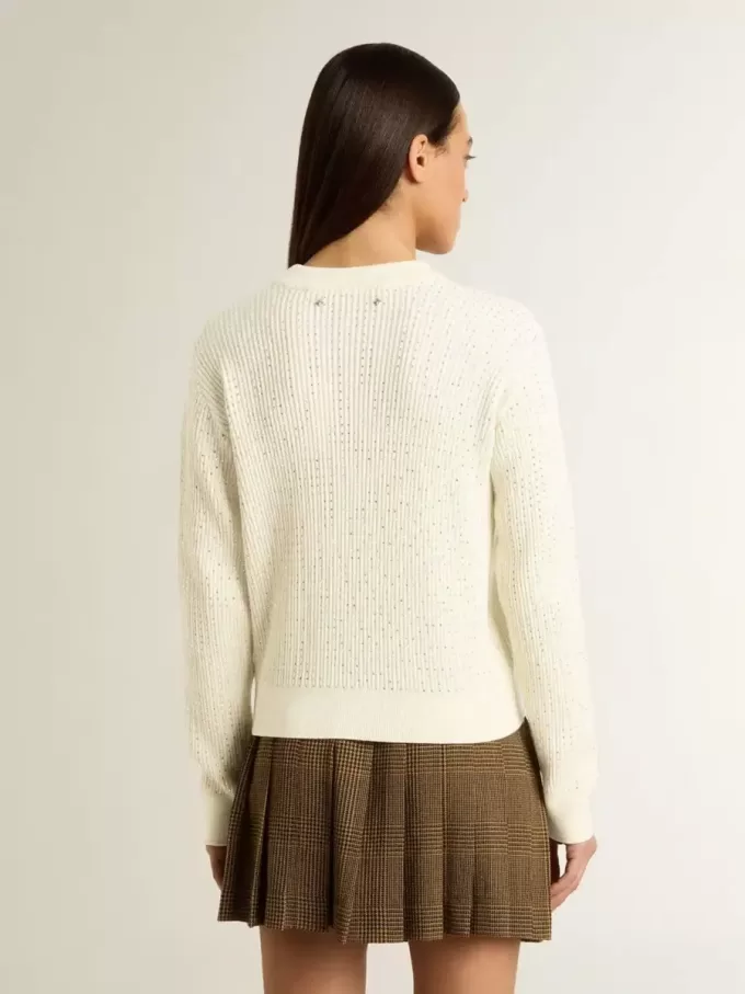 Jersey de cuello redondo para mujer en lana merino blanca con cristales por toda la prenda Jersey de cuello redondo para mujer en lana merino blanca con cristales por toda la prenda