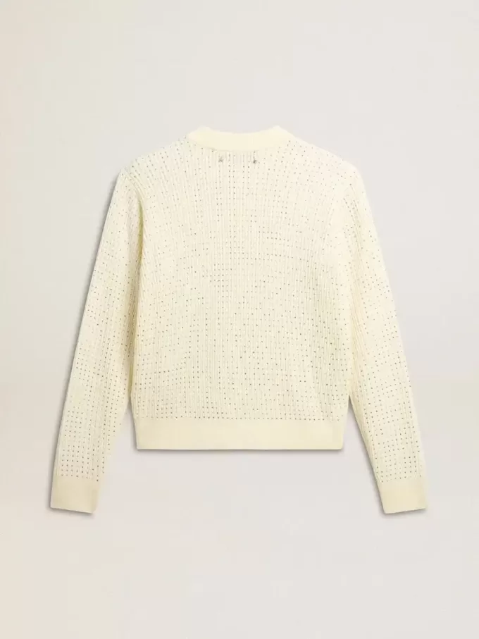 Jersey de cuello redondo para mujer en lana merino blanca con cristales por toda la prenda Jersey de cuello redondo para mujer en lana merino blanca con cristales por toda la prenda