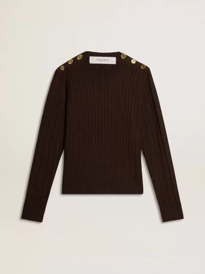 Jersey de cuello redondo para mujer en mezcla de lana con botones dorados Jersey de cuello redondo para mujer en mezcla de lana con botones dorados