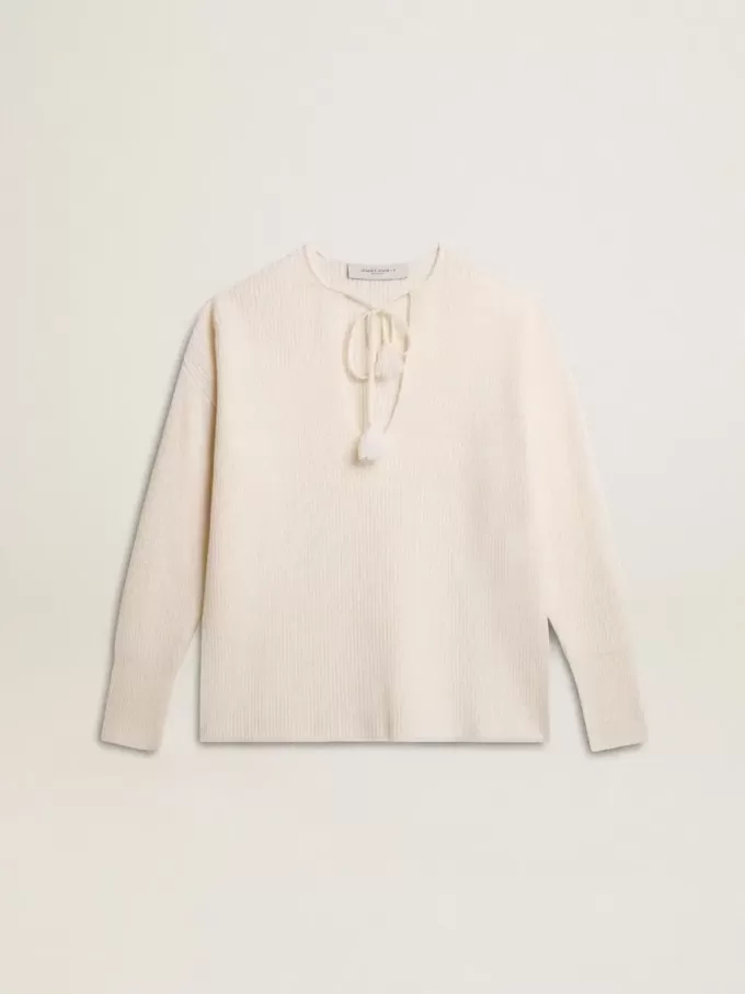 Jersey de lana acanalado con cuello en V y cordón con borlas