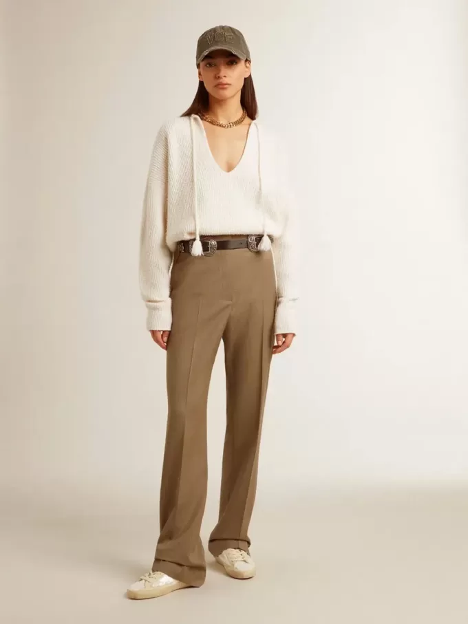 Jersey de lana acanalado con cuello en V y cordón con borlas