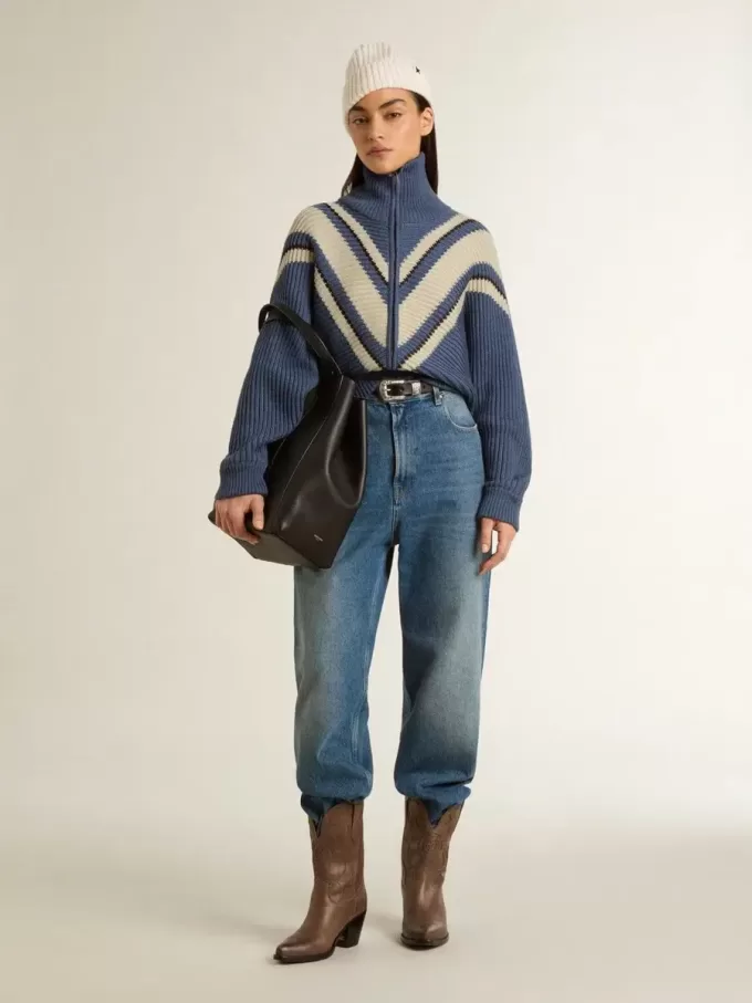 Jersey de lana jacquard azul claro para mujer con estampado color crema.