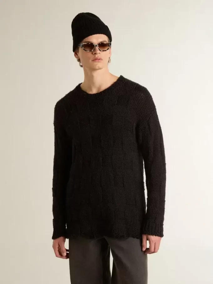 Jersey de lana negro para hombre con efecto desgastado Jersey de lana negro para hombre con efecto desgastado