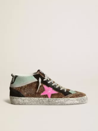 Mid Star en piel de potro con estampado de leopardo y estrella de cuero fucsia