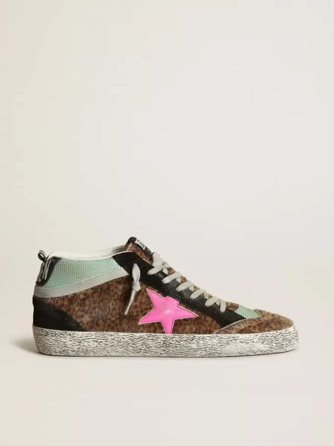 Mid Star en piel de potro con estampado de leopardo y estrella de cuero fucsia