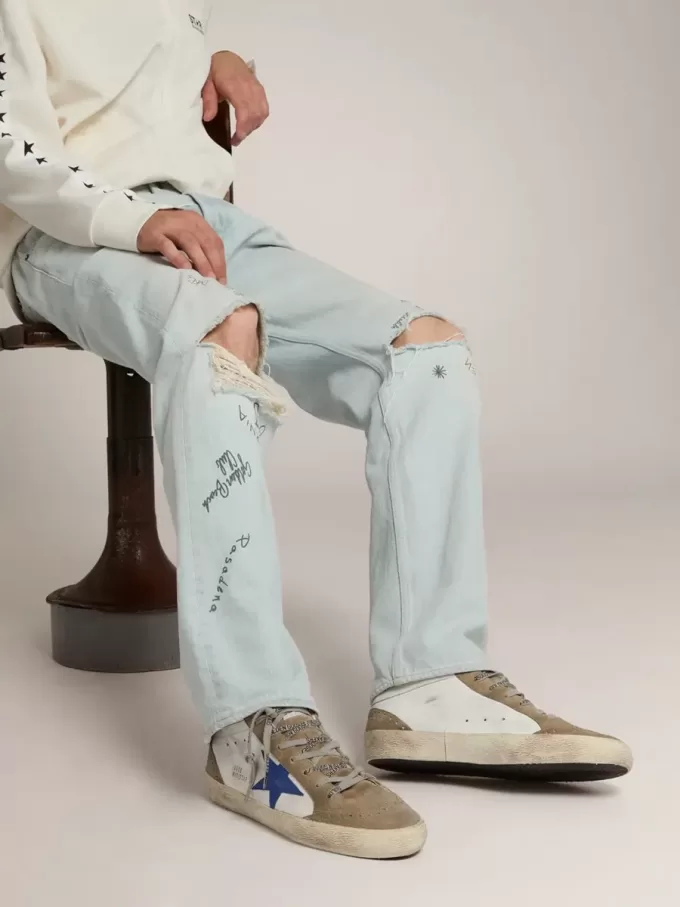 Mid Star para hombre con estrella de cuero azul e inserciones de ante gris paloma Mid Star para hombre con estrella de cuero azul e inserciones de ante gris paloma