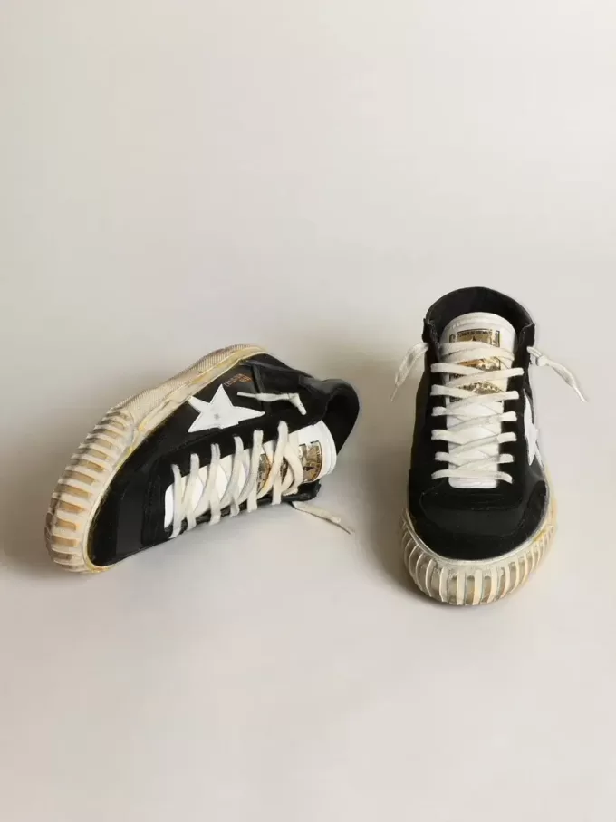 Mid Star para hombre en napa negra y ante con estrella de cuero blanco Mid Star para hombre en napa negra y ante con estrella de cuero blanco