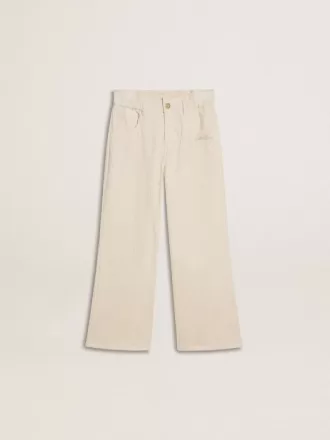 Pantalones anchos de canalé color crema con bordados para niña