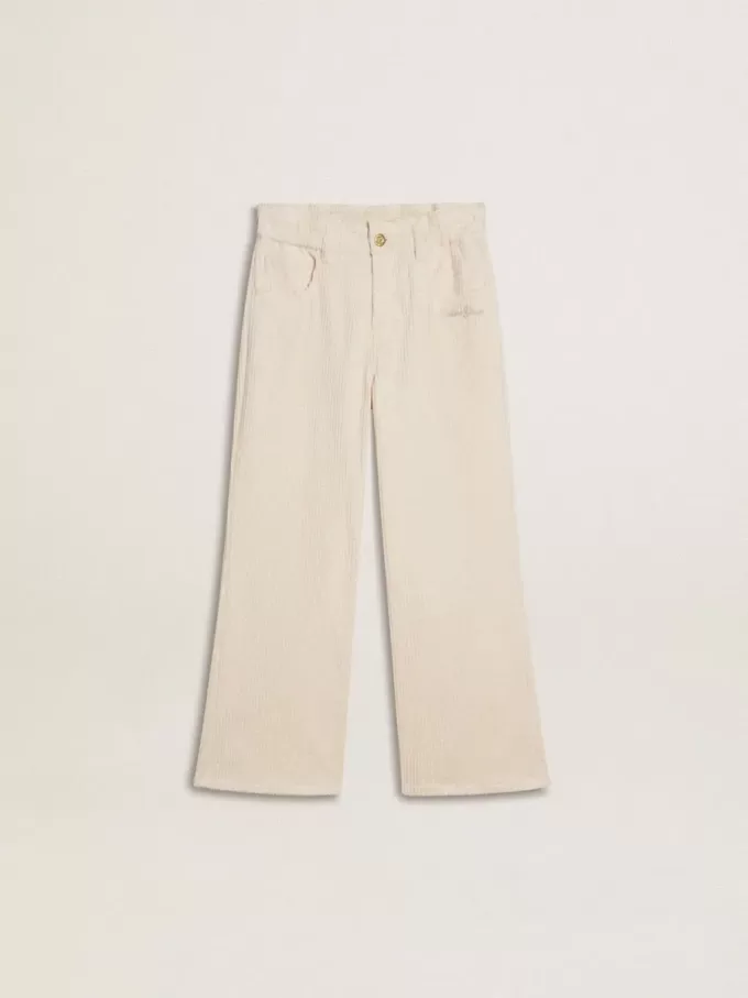 Pantalones anchos de canalé color crema con bordados para niña