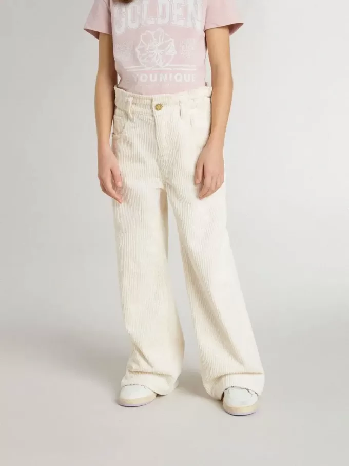 Pantalones anchos de canalé color crema con bordados para niña