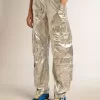 Pantalones cargo para mujer en tejido técnico plateado