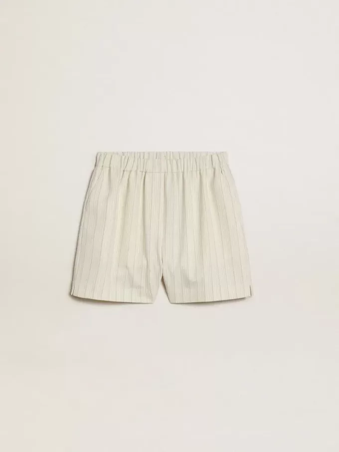 Pantalones cortos de mujer de mezcla de lana a rayas blancas y grises Pantalones cortos de mujer de mezcla de lana a rayas blancas y grises