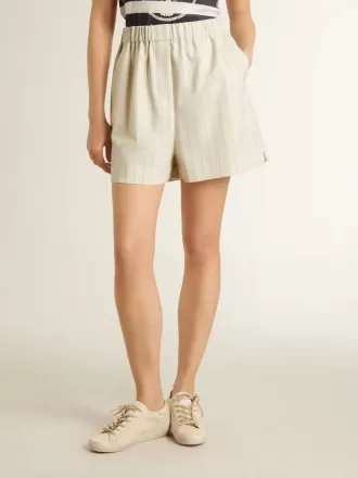 Pantalones cortos de mujer de mezcla de lana a rayas blancas y grises