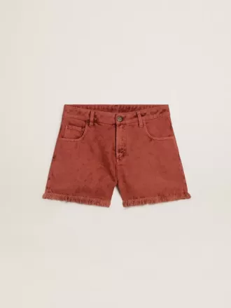 Pantalones cortos de mujer en denim rojo ladrillo con bordado Golden Mediterraneo Pantalones cortos de mujer en denim rojo ladrillo con bordado Golden Mediterraneo