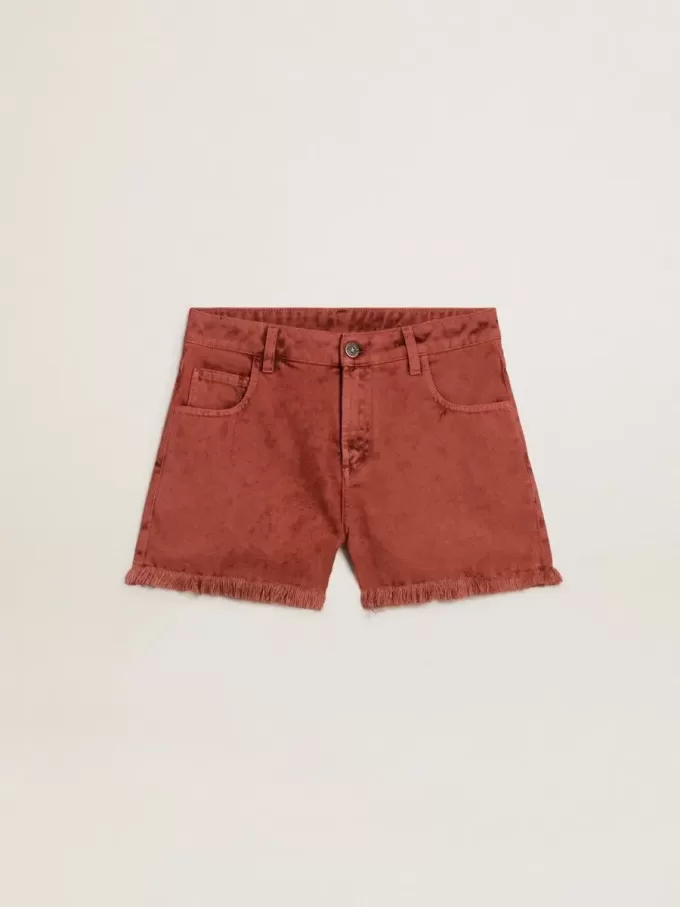 Pantalones cortos de mujer en denim rojo ladrillo con bordado Golden Mediterraneo