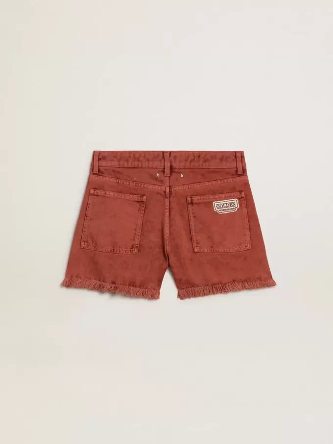 Pantalones cortos de mujer en denim rojo ladrillo con bordado Golden Mediterraneo