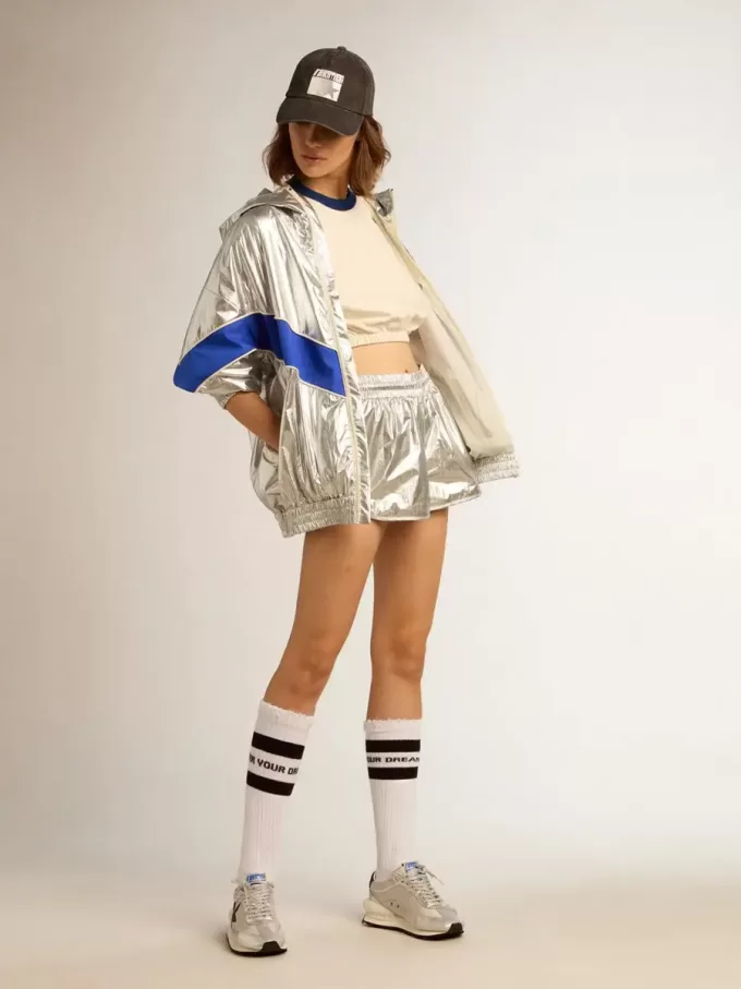 Pantalones cortos de running para mujer en tejido plateado