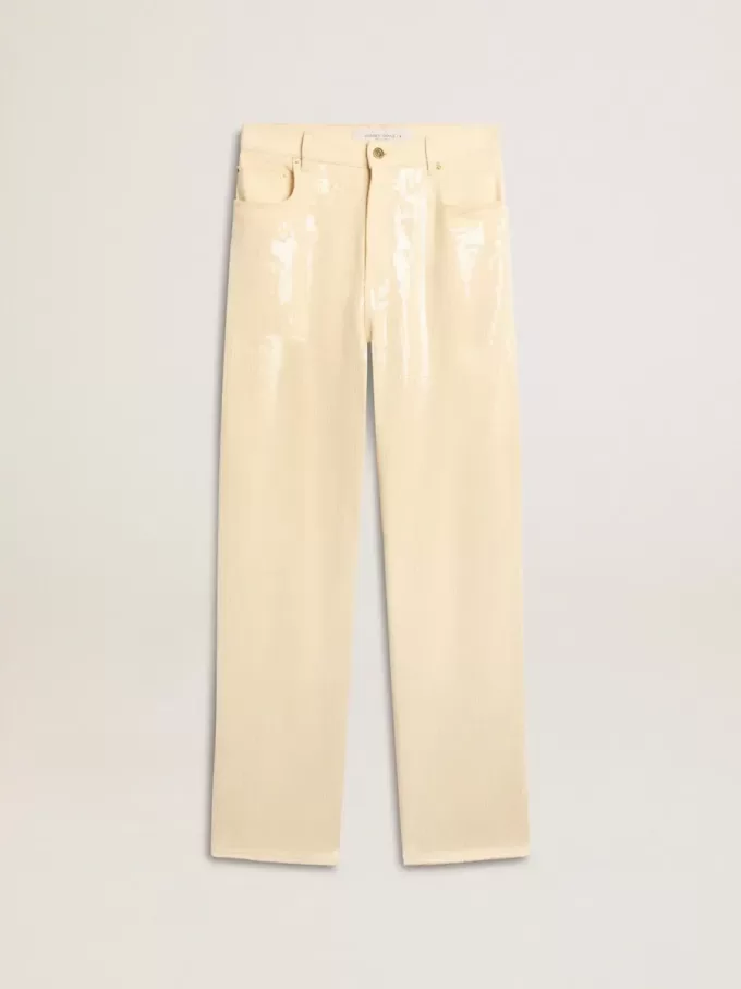 Pantalones crudo con lentejuelas transparentes por toda la prenda