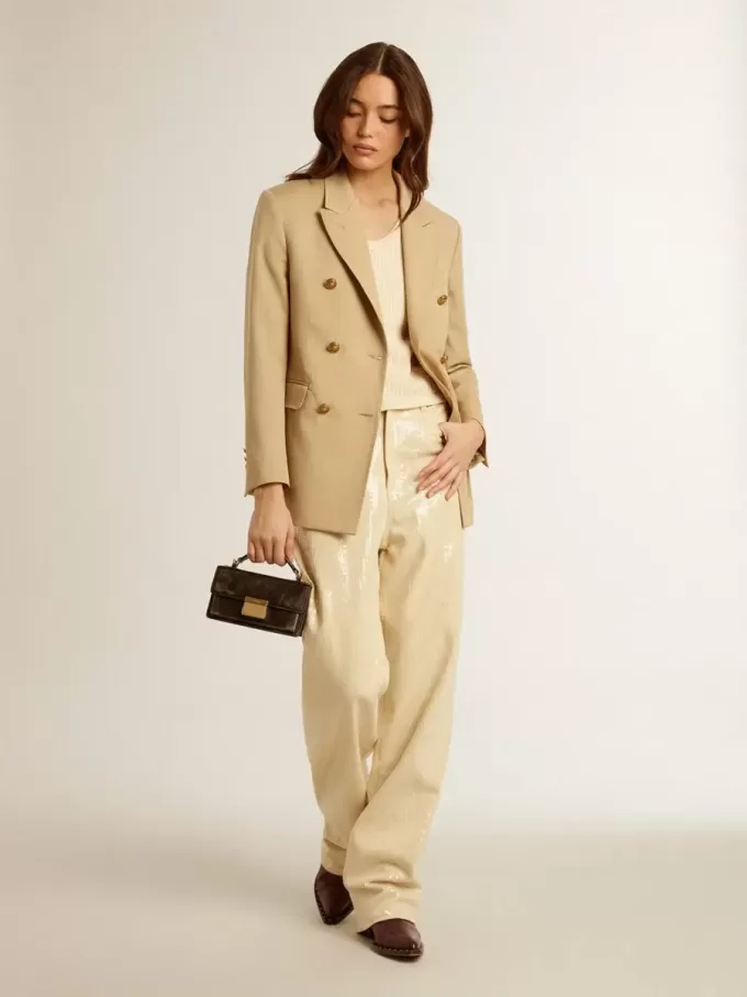 Pantalones crudo con lentejuelas transparentes por toda la prenda