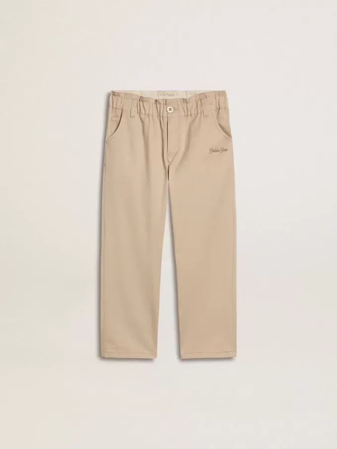 Pantalones de algodón beige con bordado para niña